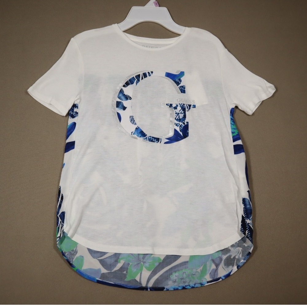 Guess Big Girls Slinky Jersey and Printed Poplin‎ Back Panel Logo Top - White